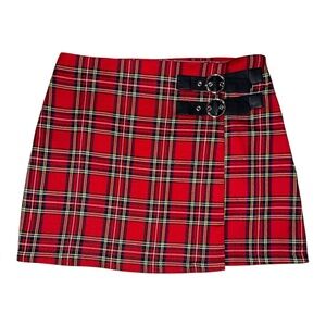 Forever 21 Red Tartan Plaid Mini Skirt with Black Buckle Straps